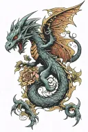 dragon ascending and fighting angel, fractal, flower tattoo design idea