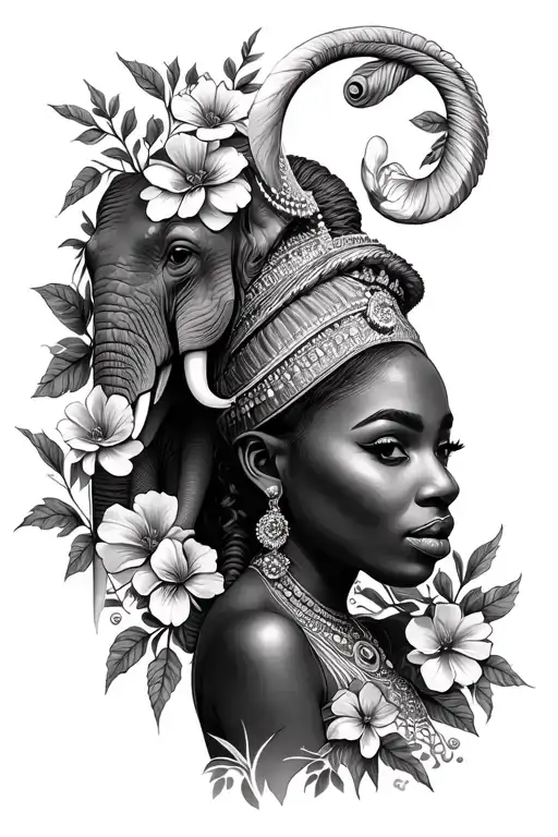 Nigerian queen & elephant surrounded by flowers growing tattoo design idea