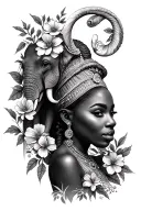 Nigerian queen & elephant surrounded by flowers growing tattoo design idea