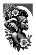 Nigerian queen & elephant surrounded by flowers growing tattoo design idea