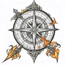 compass pointing north the arrow is on fire  tattoo design idea