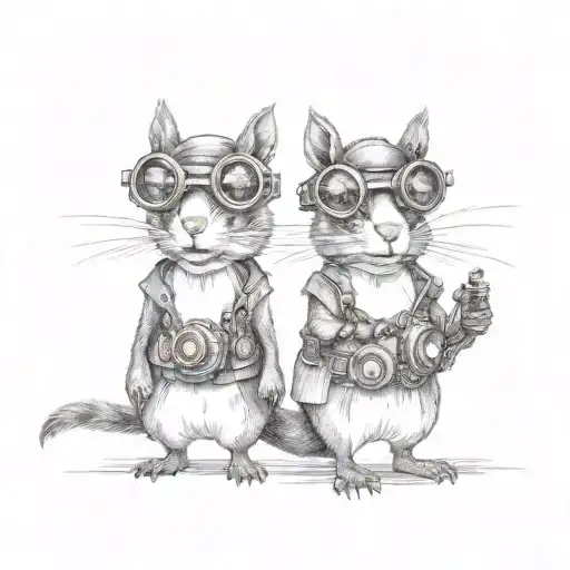 A matching cartoon squirrel duo dressed in steampunk attire with goggles and gears tattoo design idea