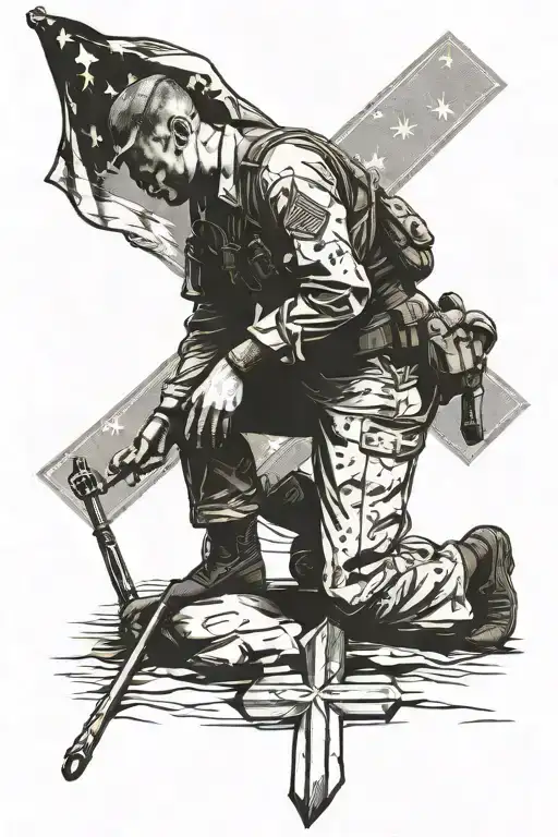 solemn military man kneeling in front of cross with american flag behind him realistic tattoo design idea