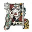 vrouw in glas breaking in front tattoo design idea