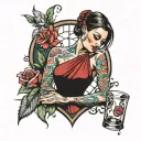 vrouw in glas breaking in front tattoo design idea