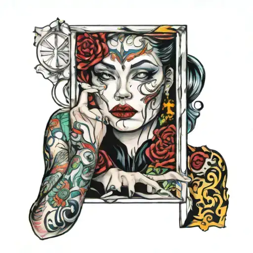 vrouw in glas breaking in front tattoo design idea