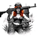us army engineer castle behind sexy redhead pinup girl holding an m4 rifle tattoo design idea