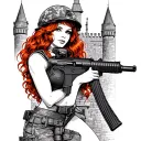 us army engineer castle behind sexy redhead pinup girl holding an m4 rifle tattoo design idea