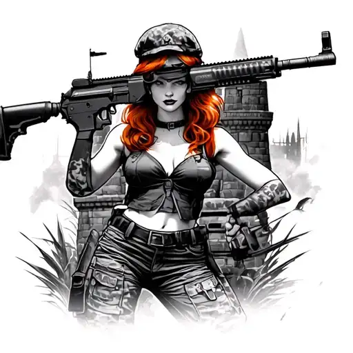 us army engineer castle behind sexy redhead pinup girl holding an m4 rifle tattoo design idea