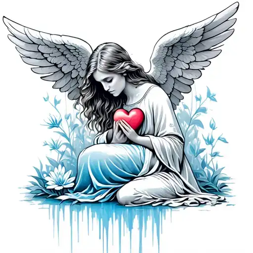 Broken heart angel on her knees prayingClose in her hand beside weeping Lilly in blue cooler draping around as a protect tattoo design idea
