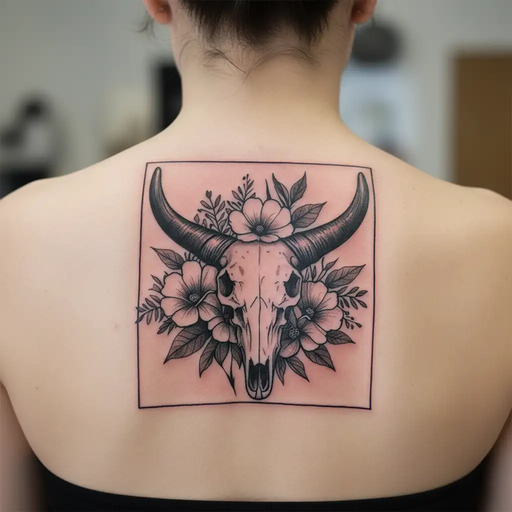 longhorn skull with February, April, July, September, October, November, December birth month flower simple tattoo design idea