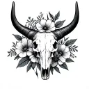 longhorn skull with February, April, July, September, October, November, December birth month flower simple tattoo design idea