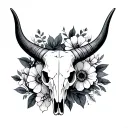 longhorn skull with February, April, July, September, October, November, December birth month flower simple tattoo design idea