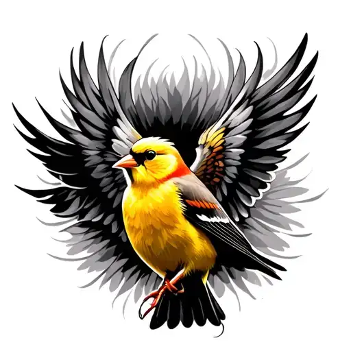 american goldfinch bird with wing spread like a Phoenix  tattoo design idea