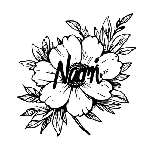 Naomi name written into a flower surrounded tattoo design idea