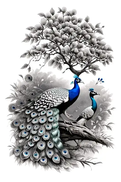 Almond tree, walnut tree and a peacock tattoo design idea