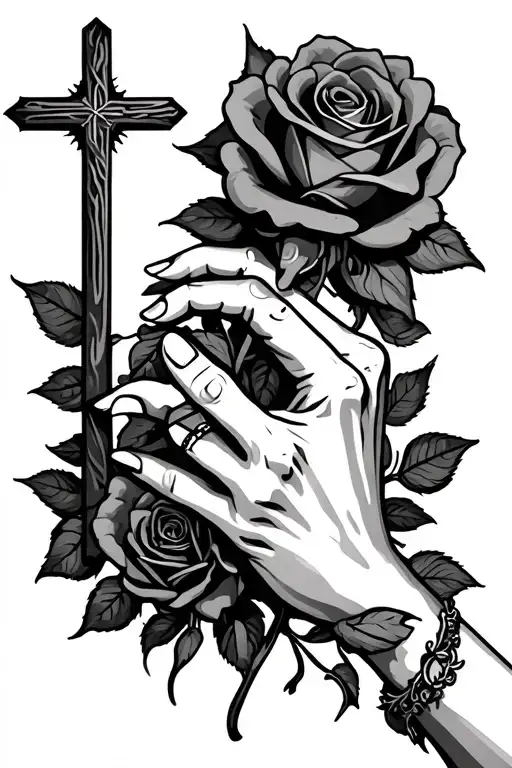 cross roses hands of creation wording tattoo design idea