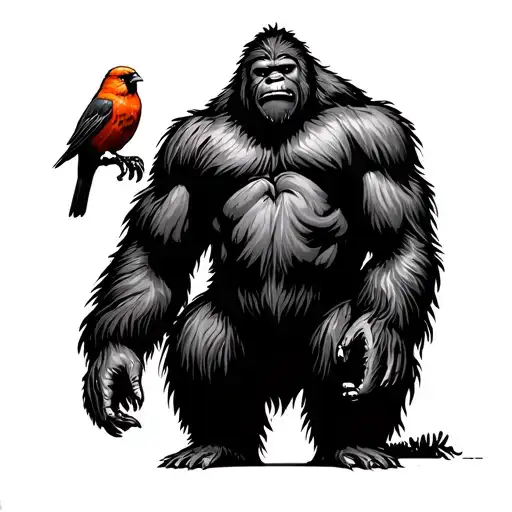 bigfoot and orange bird perched tattoo design idea