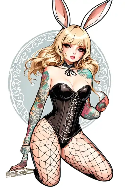 Playboy Bunny girl, sexy, wide hips, petite, Huge boobs, corset, fishnet stockings, G-String, cleavage, stripper  tattoo design idea