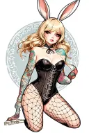 Playboy Bunny girl, sexy, wide hips, petite, Huge boobs, corset, fishnet stockings, G-String, cleavage, stripper  tattoo design idea
