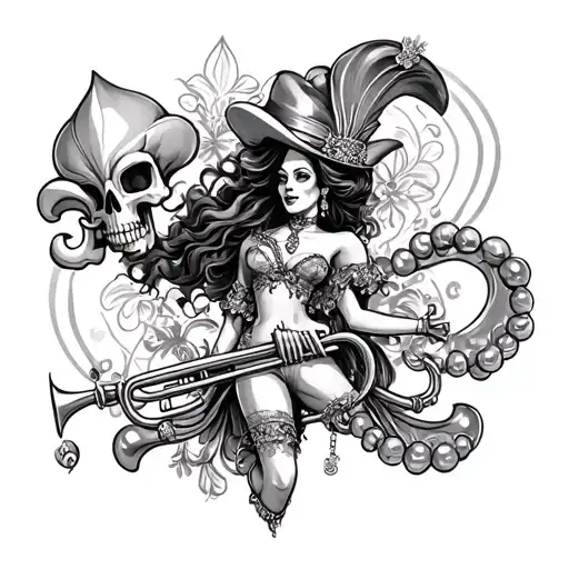 mardi gras, louisiana, cajun culture, fleur de lis, beads, women dancing, skulls, trumpets and music tattoo design idea