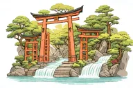 steps leading to Torii (Japanese gate), lots of trees and a river around tattoo design idea