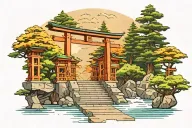 steps leading to Torii (Japanese gate), lots of trees and a river around tattoo design idea