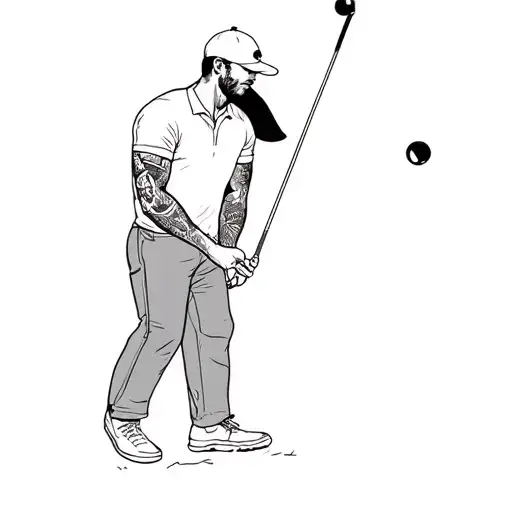 golf swing by a man with a cap on, trousers and a short sleeve shirt with tattooed arms tattoo design idea