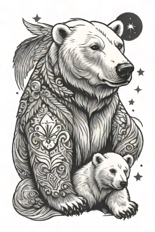 Polar Bear sitting together symbolyzing protection with stars, snowflakes and angel wings tattoo design idea