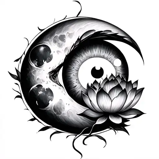 lotus ,evil eye and moon merging together tattoo design idea