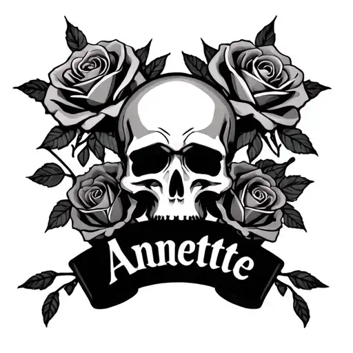skulls and roses with the name annettte in cool lettering tattoo design idea