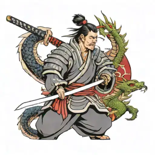 a samurai wearing traditional armor holding a katana being guided by a dragon tattoo design idea