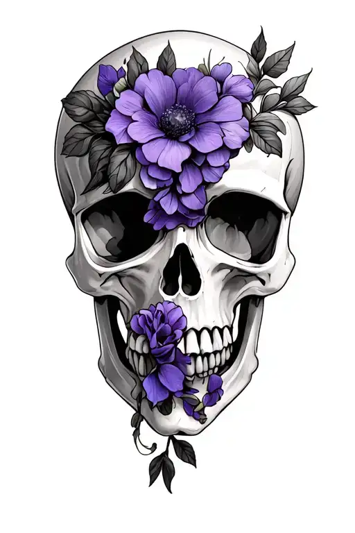 skull with purple flowers tattoo design idea