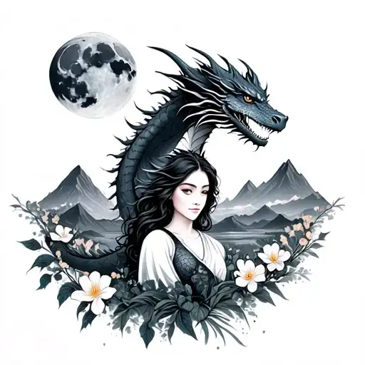 Women with dragon behind her. Mountain landscape. Moon and soon in top corners. Evening primrose at the bottom woman tattoo design idea