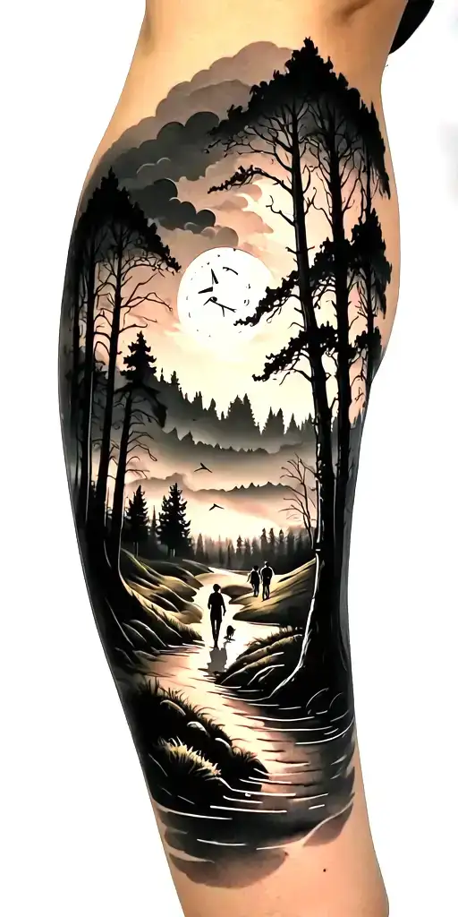 creepy forest scene with black sky with family walking and golf course and time tattoo design idea