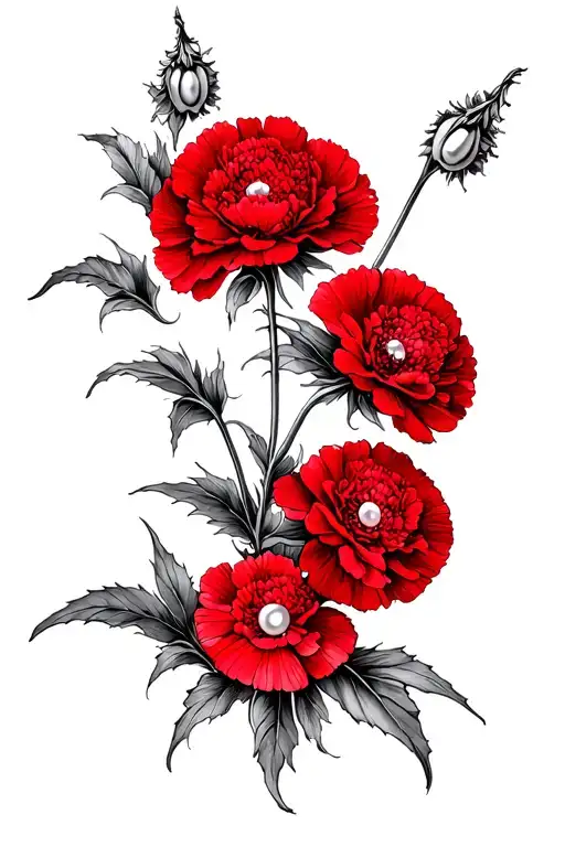 Red Carnations for the side of the leg. The seeds of the red carnations are replaced with white pearls as well. tattoo design idea