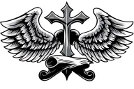 wings with a cross and scroll tattoo design idea