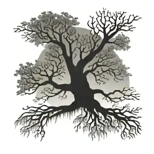 An intricate design featuring a tree of life with branches representing different family members and roots reaching towards the heavens, symbolizing the connection between family and spirituality tattoo design idea