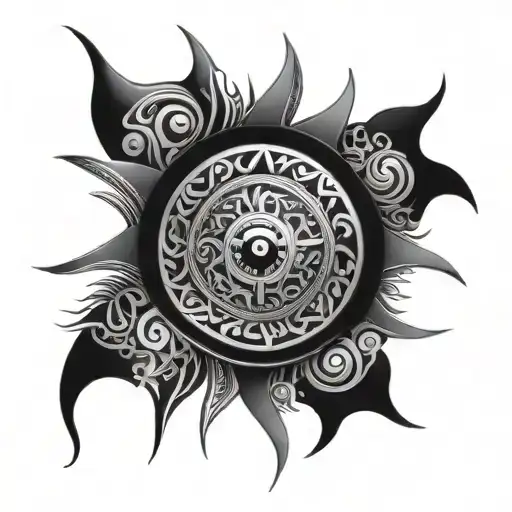 intricate tribal-esque inkwork tattoo that covers the upper body, neck, and shoulders and has sun imagery tattoo design idea