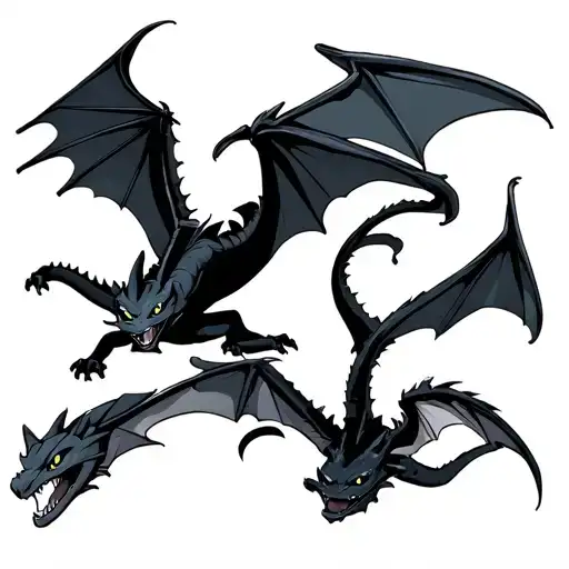 3 how to train your dragon dragons sillohete. one is toothless, one is storm fly, one is barf and belch. all flying tattoo design idea