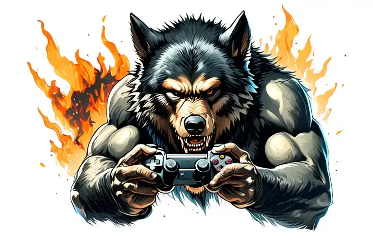 Werewolf playing video games tattoo design idea