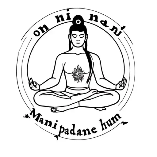 a man on meditation pose and written "om Mani padme hum" around her like circle  tattoo design idea
