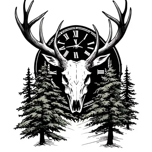 elk skull, hunting scene, pine trees, roman numerals, clock face tattoo design idea