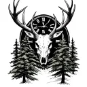 elk skull, hunting scene, pine trees, roman numerals, clock face tattoo design idea