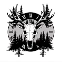 elk skull, hunting scene, pine trees, roman numerals, clock face tattoo design idea