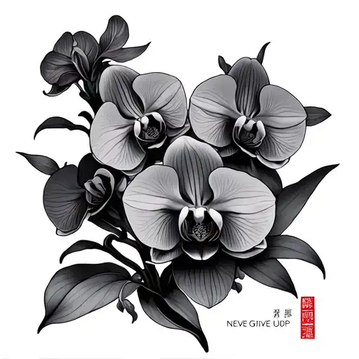orchids with never give up in Chinese  tattoo design idea