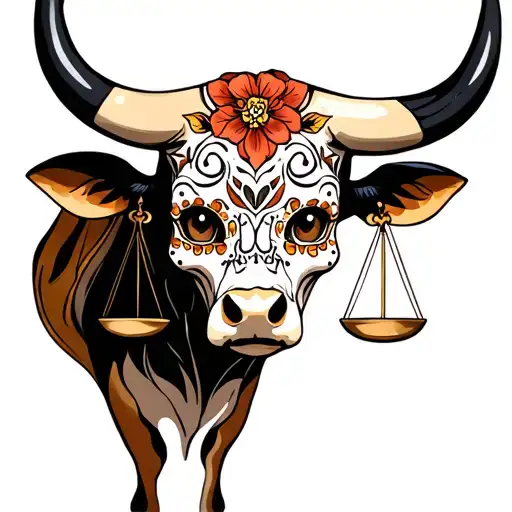 feminine bull with sugar skull markings, brown eyes and 2 Libra scales and dark background tattoo design idea