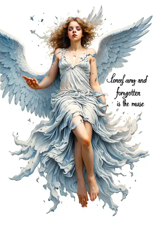 female angel falling with broken wings including the phrase "lonely and forgotten is the muse" tattoo design idea