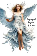 female angel falling with broken wings including the phrase "lonely and forgotten is the muse" tattoo design idea