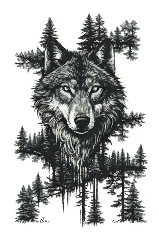 wolf blue eyes forest tattoo design idea